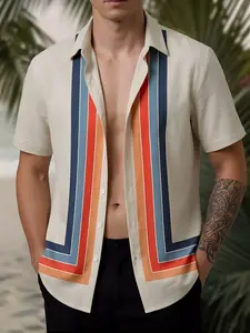 Men's 70s Retro Stripe Shirt, Vintage Linen Feel Cuban Collar Top, Summer Sunset Vibe Tropical Short Sleeve Button Down, Casual Striped Resort Wear, Trendy Aesthetic Vacation Apparel, Lightweight Breathable Beach Blouse, Stylish Boho Designer Shirt