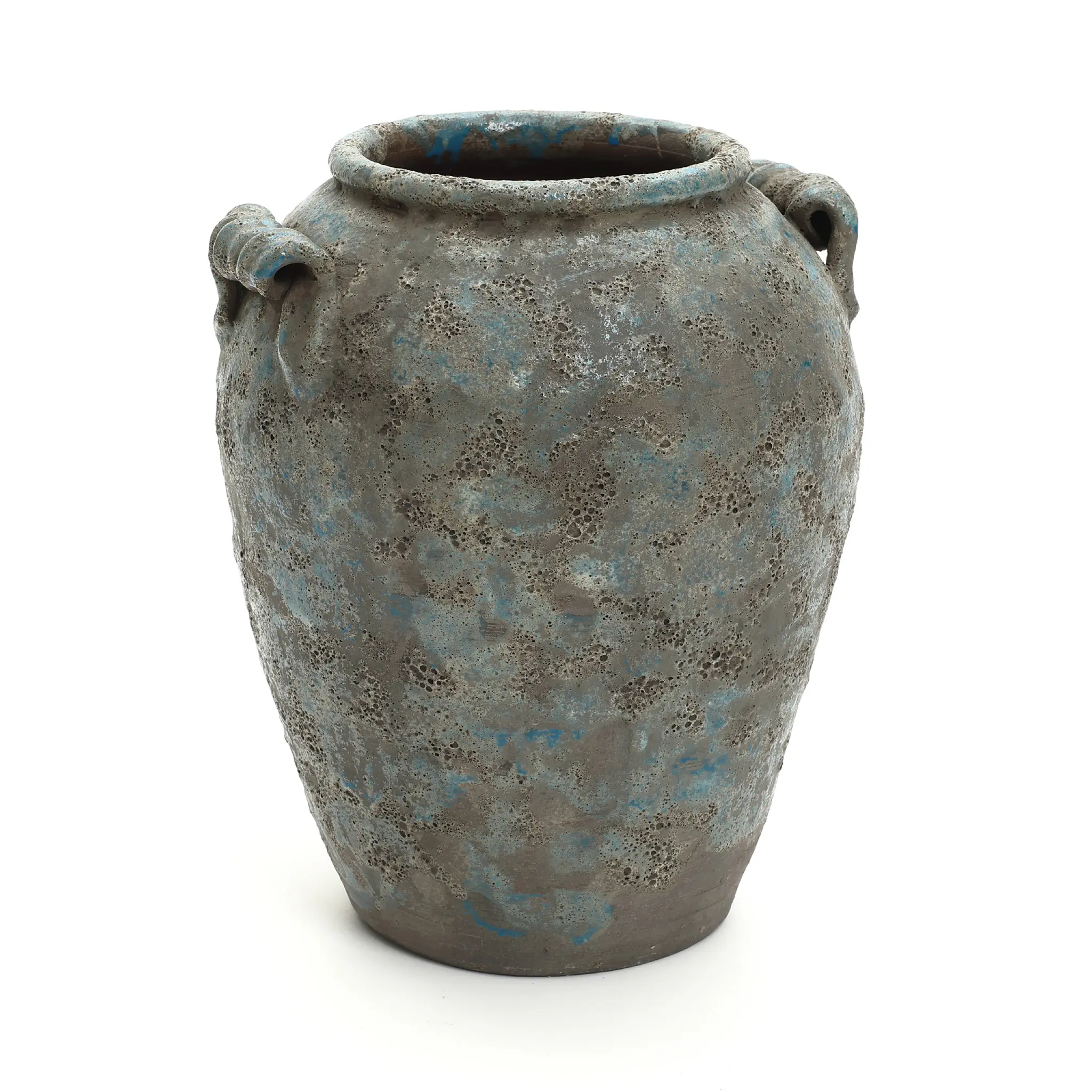 Antiqued blue & brown terracotta vase with handles, 12.6" tall farmhouse vintage pottery