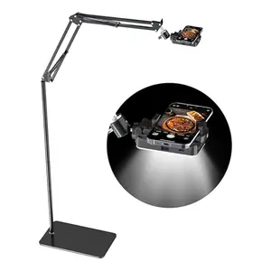 Overhead Phone Tripod for Cooking Videos with Rechargeable Light, Move Around Floor Phone Stand with Ring Light Content Creator Video Recording Selfie Photography