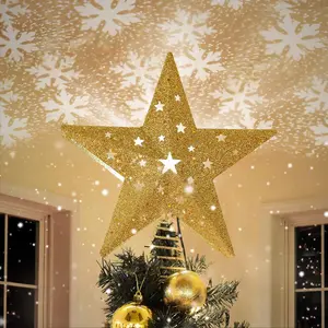 LED Snowflake Projector  Christmas Tree Topper, 11.3'' Golden Glittered  Treetop Lighted Rotating Snow Flake for Christmas Tree Decoration, Ideal as LED Night Light Projector for