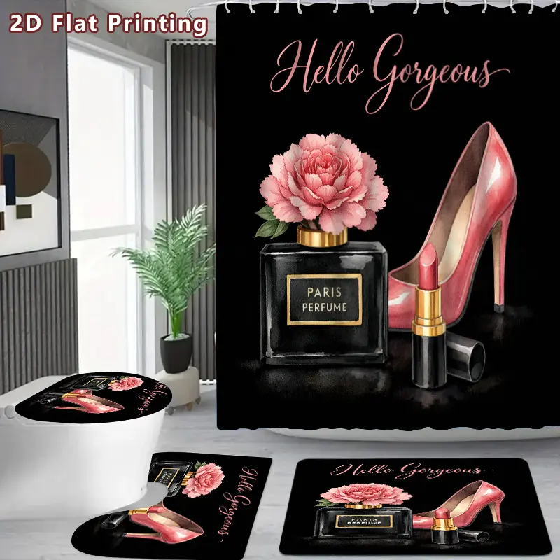 2D Flat, 2D Flat 4pcs Glam Beauty Elements Shower Curtain Set, Black Background Pink High Heels Lipstick Peony Perfume Bathroom Decor, Additions with, U-Shaped, Toilet Lid Cover, Shower Curtain Includes Hooks, Beauty Lover, Home Decor,family