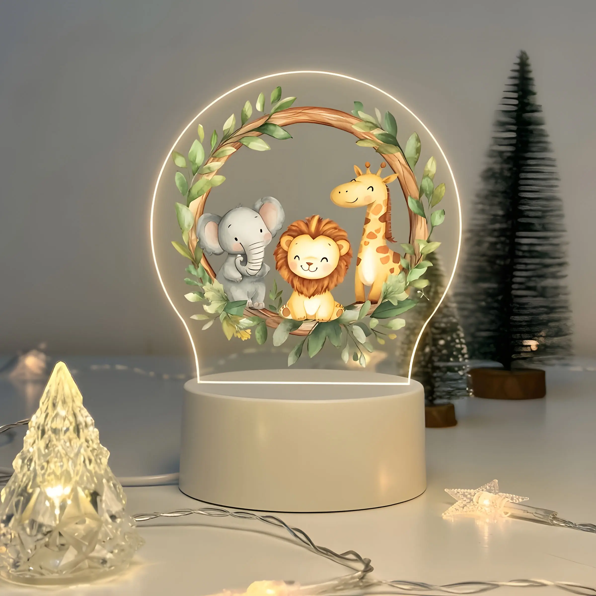 Round Acrylic Animal Decorative Night Light, Giraffe Elephant Lion Design, USB Powered Desk Lamp, Button Control, Warm Light, Home Decor Gift