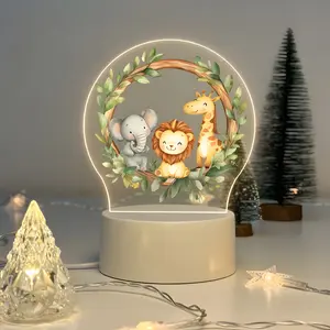 Round Acrylic Animal Night Light, Giraffe Elephant Lion Design, USB Powered Desk Lamp, Button Control, Warm Light, Home Decor Gift