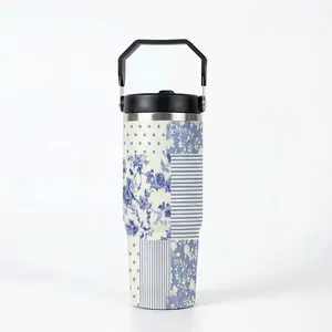 30oz Blue Floral Aesthetic Insulated Tumbler, Elegant Vintage Pattern Travel Cup with Reusable Straw, Eco-Friendly Stainless Steel, Stylish Gift for Teachers and Moms -Cup Holder Friendly Base
