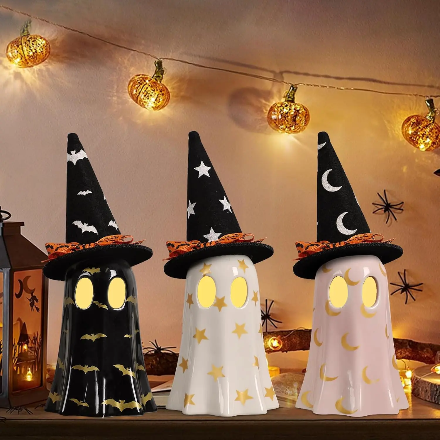 Set of 3 Halloween Ceramic Ghost Decor for Halloween Decorations Indoor | Ceramic Ghost Figurines with Witch Hats for Indoor Halloween Decor. Cute Spooky Ghost Decor for Mantel, Shelf or Tabletop