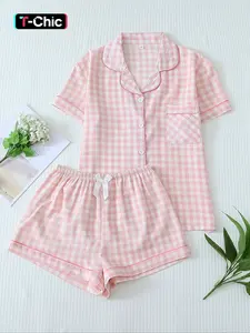 Two-Piece Set Women's Plaid Print Aesthetic Pajama Set, Long Sleeve Lapel Neck Button Front Shirt & Bow Decor Pants PJ Set, Women's Fitted Sleepwear Loungewear for All Seasons