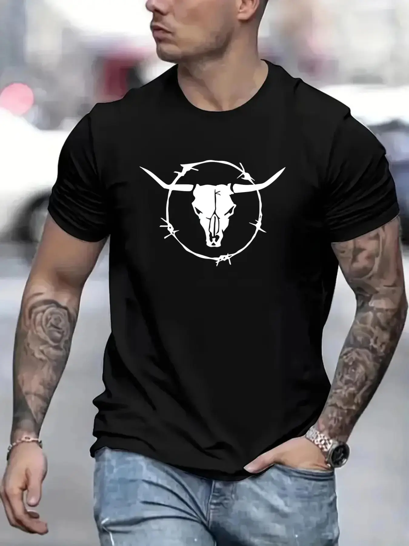 Men's Regular Fit Bull Head Print Short Sleeve Round Neck Graphic Tee, Casual Comfy T-shirt for Summer, Menswear for Daily Wear, Casual Summer Clothing, Top