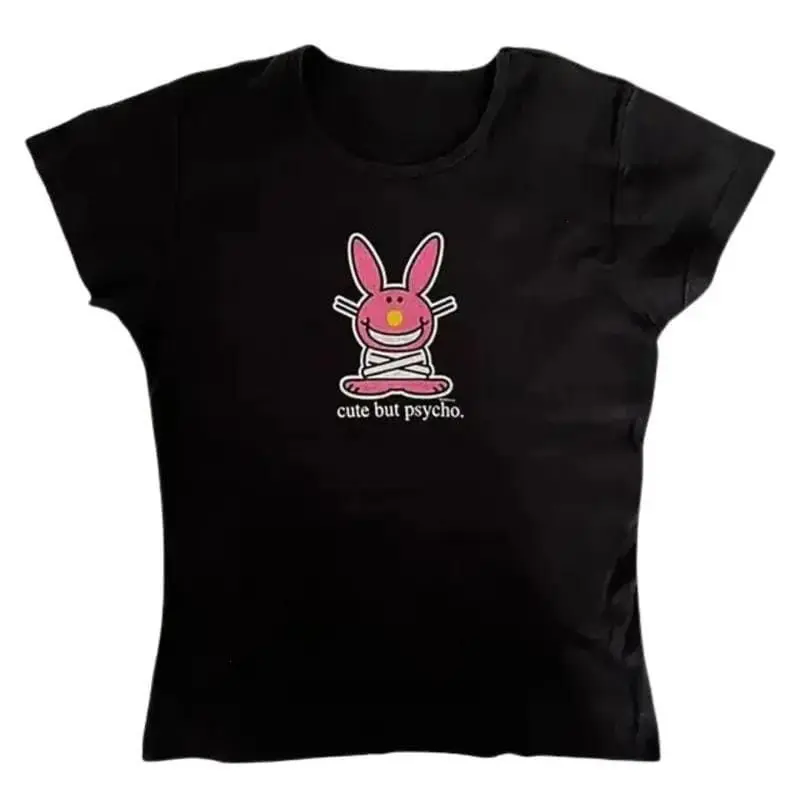 Happy Bunny Baby Tee - Gothic Emo Girl Top - Y2K Women