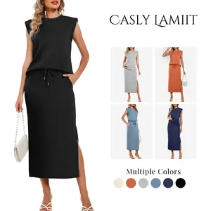 Casly Lamiit Women's 2-Piece Fitted Basic Outfits, Summer Breathable Soft Light Fabric Crew Neck Cap Sleeve (Sleeveless Option) Top & Drawstring Midi Skirt with Pockets, Casual Women's Clothes Set, Multiple Colors Blazers Crewneck 2 piece sets Womenswear,