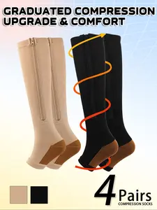 4 Pairs Open Toe Zipper Copper Wellow Compression Socks Women Men 15-20 mmhg Knee High Pregnant Nurses Pregnancy Maternity Medical Cute Sports Gold Fit Cycling Medias de Para Mujer Adult Support Hose Circulation Long Womans