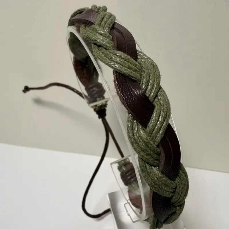 Chunky Braided Rope Bracelet - Olive Green, Black Woven Wrap Bracelet