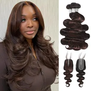 ALHER Brown Highlight 3 Bundles with 2x6 Long Deep Part Closure Body Wave Human Hair 12A Thick #F4/2 Dark Brown with Chestnut Highlight Human Hair Bundles with 4x4 Free Part Closure Ombre Dark Brown Colored Bundles with Ear to Ear 13x4 Frontal Closure