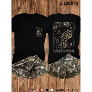 Y2K School Cool Rebel Set, Oversized Short Sleeve with Skull Slogan, High Waist Shorts, Casual Spring & Fall