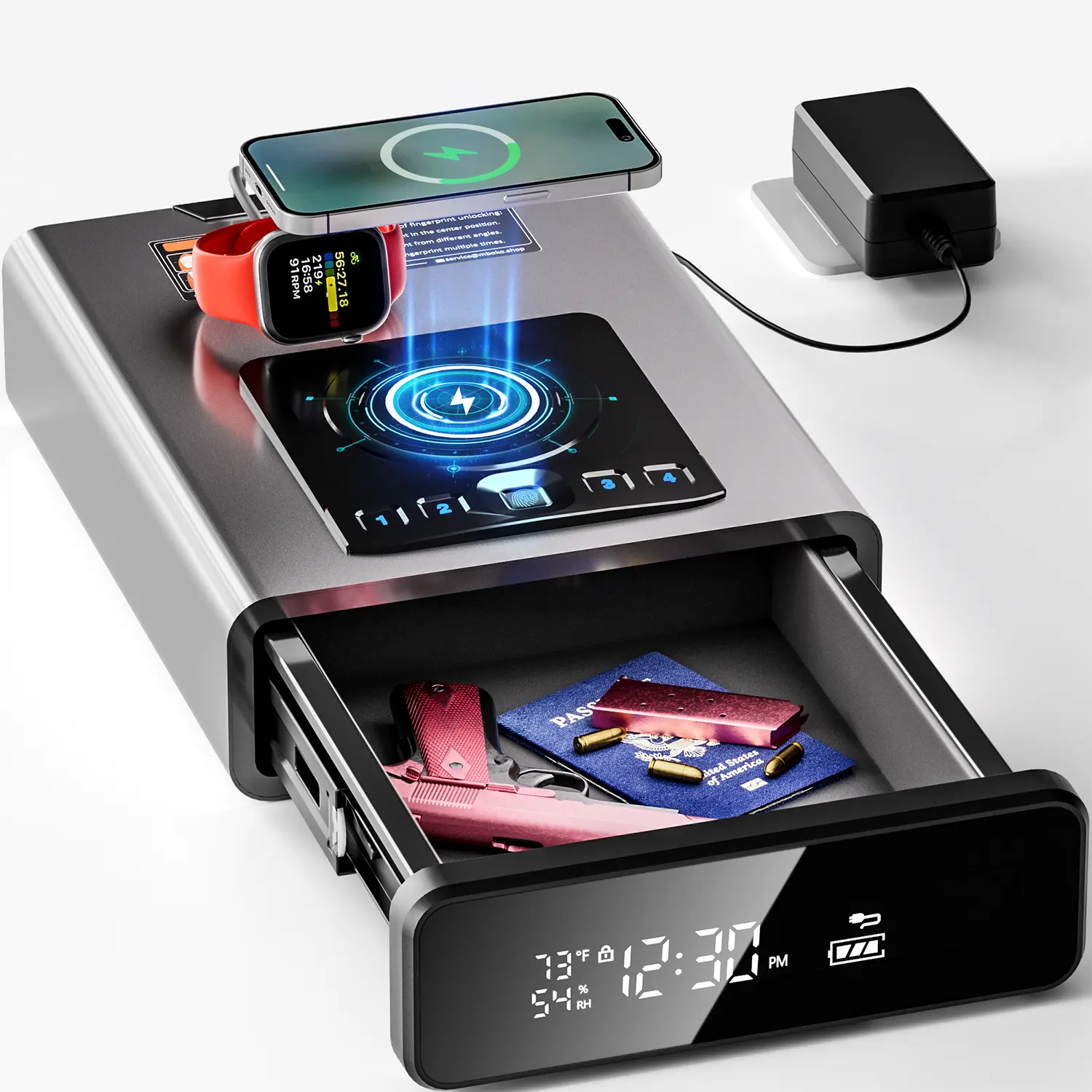 Grimtron Biometric Safe with LED Clock Doj Certified 2-in-1 Watch & Phone Wireless Charging Backlit Keypad LED Light Desk Nightstand Auto Pop-up Unlock 0.23 cu ft Version 2.0