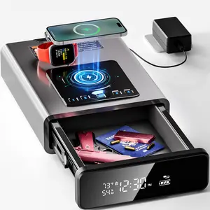 Grimtron Biometric Safe with LED Clock Doj Certified 2-in-1 Watch & Phone Wireless Charging Backlit Keypad LED Light Desk Nightstand Auto Pop-up Unlock 0.23 cu ft Version 2.0