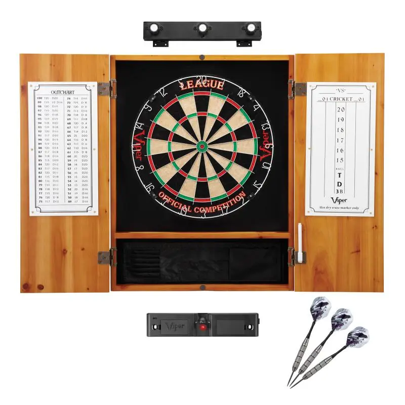 Viper League Classic Sisal Dartboard Bundle with Metropolitan Oak Cabinet, Shadow Buster Dartboard Lights, Laser Throw Line Marker, Dart Tips, Protective Gear, Fiber Construction for Rec Room Adults