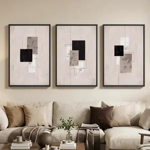 Textured Large Framed Neutral Abstract Art, Set of 3 Black and Beige Modern Canvas Prints Paintings Artwork for Walls, Minimalist, Living Room, Hallway, Stair, Office Wall Decor 24x36 In