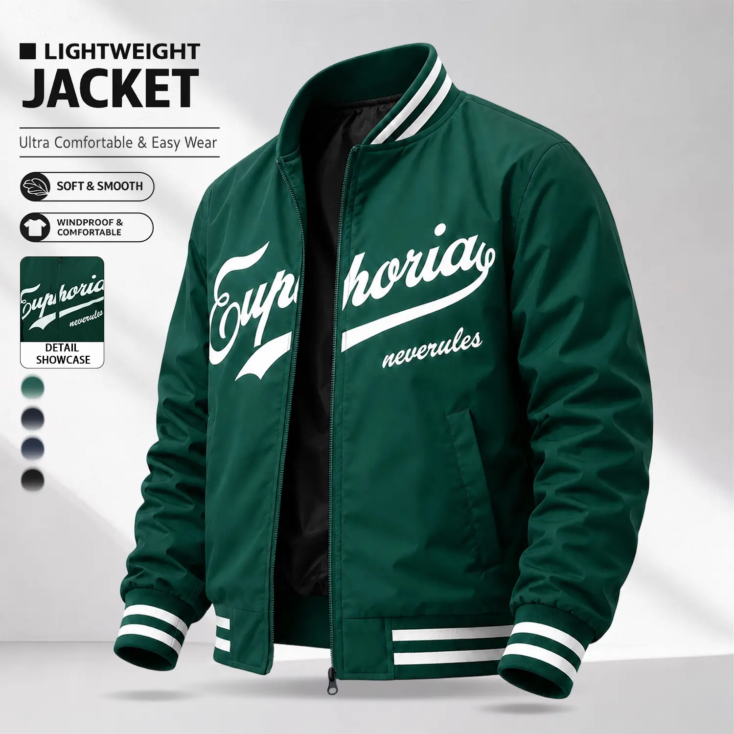 Men's American Vintage Forest Green Baseball Jacket | Letter Embroidery Striped Stand Collar Jacket, Streetwear Lightweight Flight Jacket