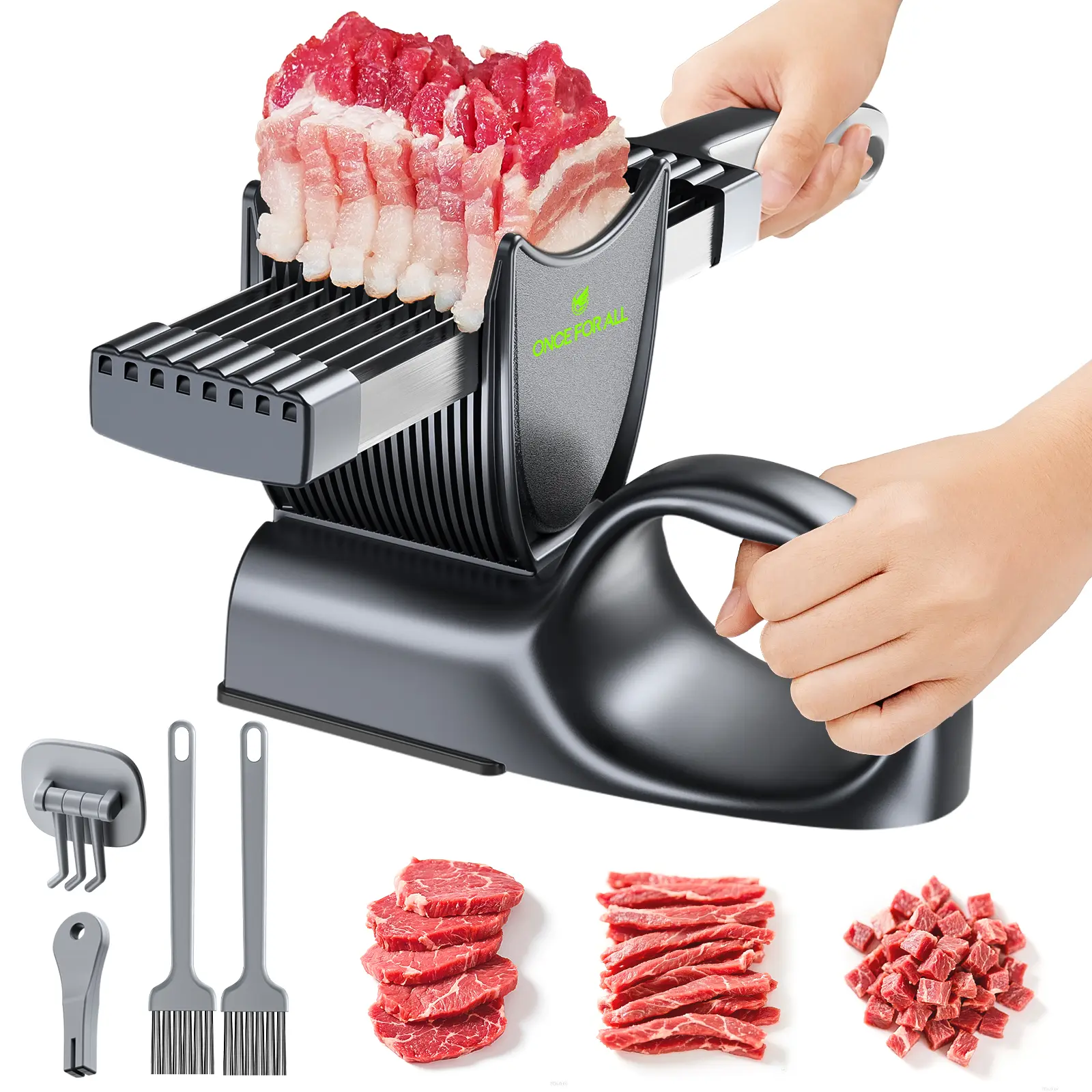 【ONCE FOR ALL】 2nd Gen Manual Meat Slicer Table Top Set - Adjustable Thickness Stainless Steel Cutter with Safety Design, Cleaning Brush, Fruit Chopping Appliance, Meat Shredder Kits for Home Hot Pot Use,campingessentials,campinggear