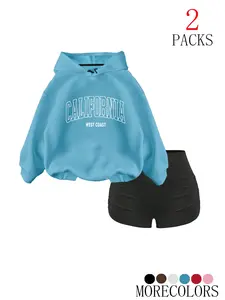 Women's Fall Winter Hooded Sweatshirt Set, Cute California Graphic Print, Drawstring Pocket Design, Fitted Casual Wear, 2 Piece