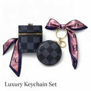 Checkered Keychain Earbud Holder & Mirror Set Bow Charm