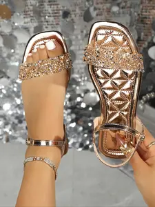 Women's Rhinestone One-Strap Flat Sandals, Rose Gold Sparkly Open-Toe Fairy Sandals, Summer Casual Beach Vacation Shoes, Footwear