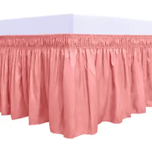 Wrap Around Ruffled Bed Skirt with Elastic Belt - 18 Inch Drop Easy to Put On, Wrinkle Free Bedskirt Dust Ruffles, Bed Frame Cover for Queen, King and C-King Size Beds, Pink