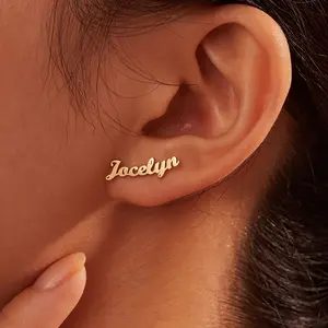 Custom Name Stud Earrings - Personalized Stainless Steel Fashion Ear Jewelry for Women and Teens, 18K Gold-Plated, No Mosaic, English Language Only - Elegant Accessory for Over 15 Years Old