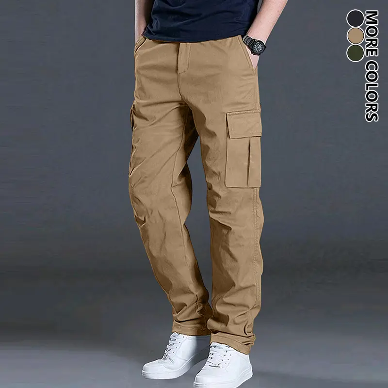 Men’s all-season solid-color cargo pants with multiple pockets—breathable, comfortable straight-leg design; casual and versatile men’s bottoms featuring a drawstring and side pockets, suitable for everyday wear and outings.