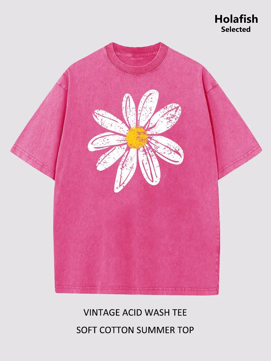 Holafish Unisex Relaxed Fit Cotton T-Shirt Daisy Drop Shoulder Print Soft Breathable Streetwear Essential for Everyday Wear and Versatile Style summervibes