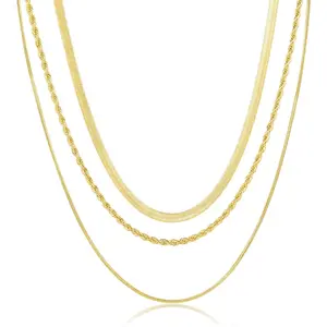 3PCS Gold Necklaces for Women,Chunky Statement Gold Plated Necklace Stack Layered Sterling Silver Herringbone Chains for Women Dainty Trendy Silver Chains Stacked Jewelry Gifts