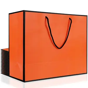10Pcs Cardboard Paper Shopping Handbag Gift Packing Bags Portable Orange Wrapping Tote With Handles Sundries Storage Pouch