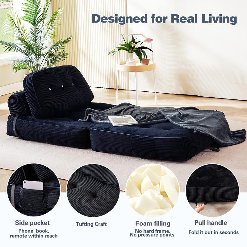 【Valentine’s Day Gift】 63.77" Boneless Foldable Sofa Bed by Neslako, Cloud Couch Sleeper Sofa with High Resilience Memory Foam, Removable Corduroy Cover, One Touch Folding Design, No Assembly