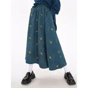 WomensRetroCorduroySkirtAutumnWinterEmbroideredFloralLongSkirt