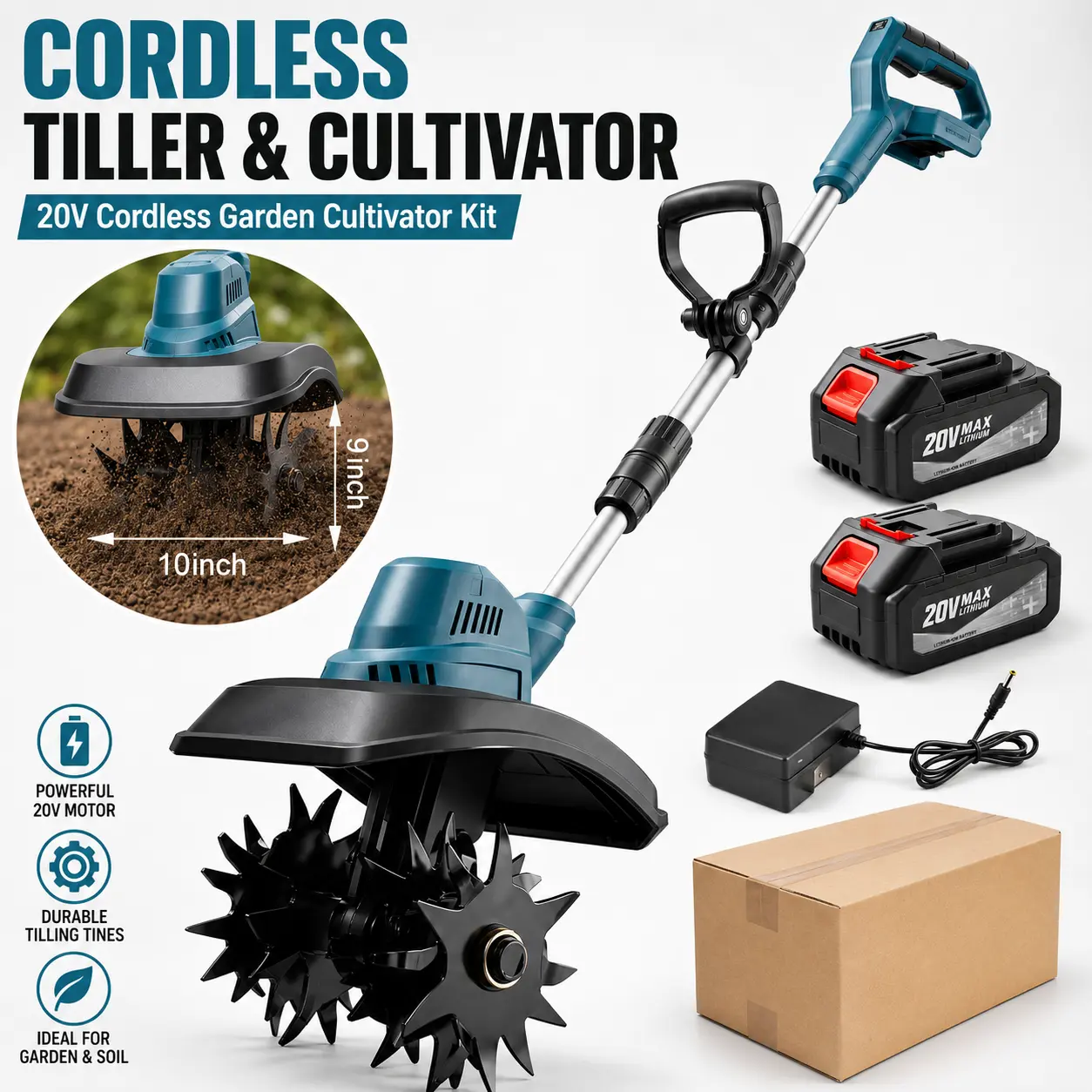 20V Cordless Garden Tiller & Cultivator Kit - 2 Batteries, 10-in Tilling Width, Heavy-Duty Steel Tines, Adjustable Telescopic Shaft for Vegetable Gardens, Flower Beds