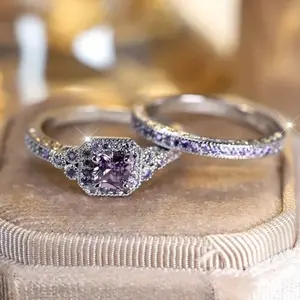 Set of 2 women's engagement rings, silver alloy with purple zirconia, wedding gift, anniversary, valentine's day, birthday, gift for mom, gift for mom, mother's day