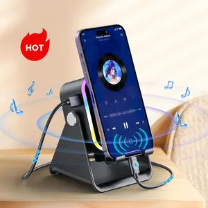 【Fathers Day Gift】5-in-1 Wireless Induction Audio & Bluetooth Speaker with Phone Holder, 5000mAh Rechargeable Emergency Power Bank, 8 RGB Ambient Light, 360° Adjustable Mobile Tablet Stand– Gifts for Friends, Family.(black) Stand