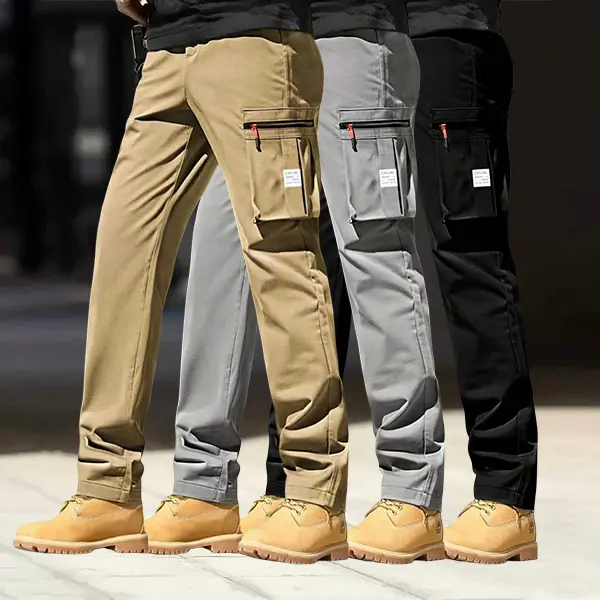Men’s 3-pack practical outdoor cargo pants—comfortable, stretchy straight-leg work trousers with anti-theft zippers and cargo pockets; moisture-wicking, wear-resistant casual bottoms suitable for camping, fishing, outdoor hiking, and urban streetwear styl