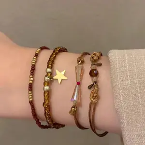 4PCS Boho Star Beaded Bracelet Set, Brown & Gold Tone with Glass Beads & Star Charm, Adjustable Stackable Bracelets for Women, Perfect for Beach, Festival, Vacation & Everyday Wear, Ideal Gift for Her Birthday, Mother's Day & Christmas