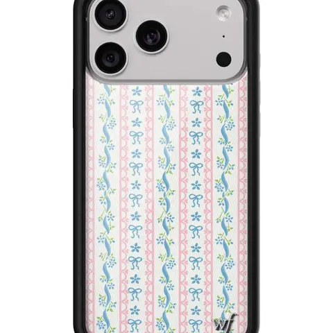 Dollhouse | Limited Edition Trendy Collab iPhone Case | Raised Protective Black Bumper | Women Owned Small Business | Baby Blue Ribbons Green Leaves Pink Bows Blue Flowers | Safety Casing Protective | Gift for Her