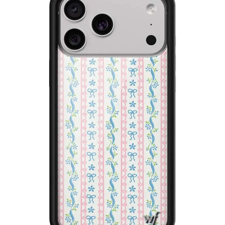 Dollhouse | Limited Edition Trendy Collab iPhone Case | Raised Protective Black Bumper | Women Owned Small Business | Baby Blue Ribbons Green Leaves Pink Bows Blue Flowers | Safety Casing Protective | Gift for Her