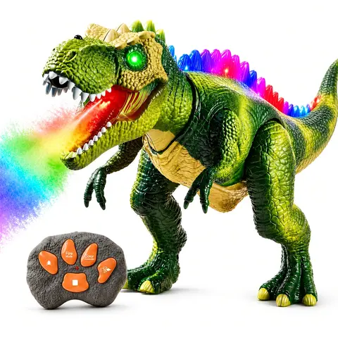 Remote Control Dinosaur Toy for Boys Age 3-8, Realistic Walking T-Rex with 7-Color LED Mist Spray & Roaring Sounds, Light-Up Spine Robotic Dino with Fossil Paw Remote Gift