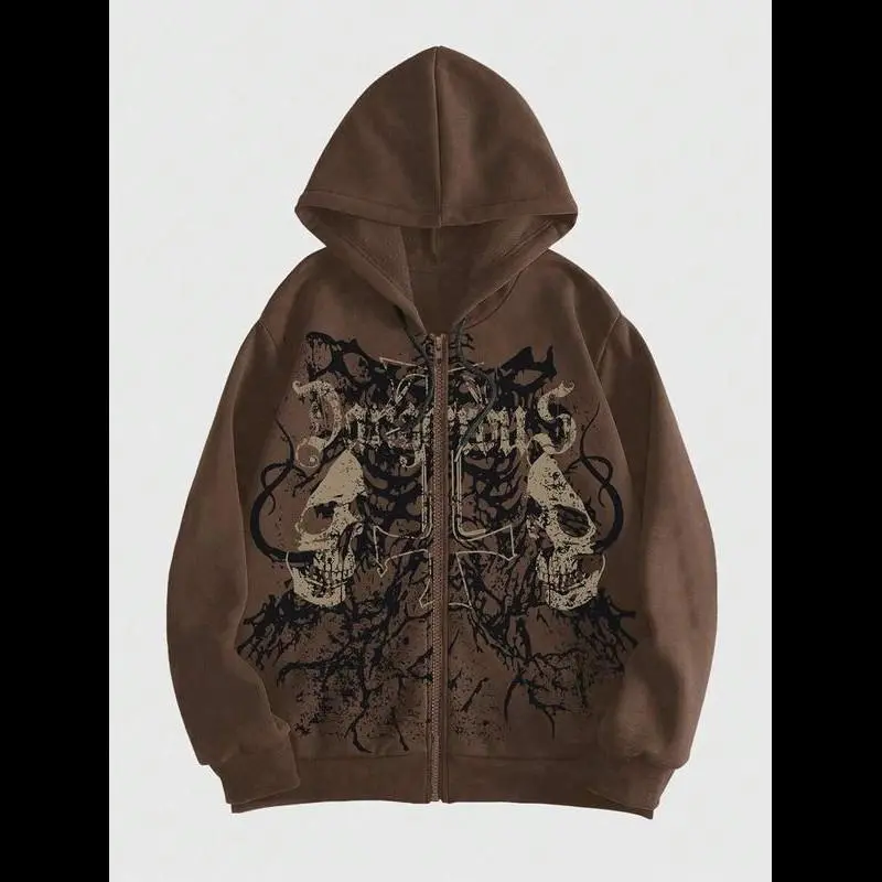 MEN Grunge Punk Men's Skull Letter Print Zipper Closure Hoodie, Long Sleeve, School