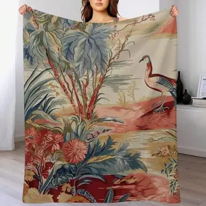 Antique Chinoiserie Asian Scenic Bed Throws Blankets Asian Style Chinoiserie Warm Flannel Blankets 50x60in Brown Linen Bird And Flower Blankets For Bed Cozy Decorative Blankets & Throws
