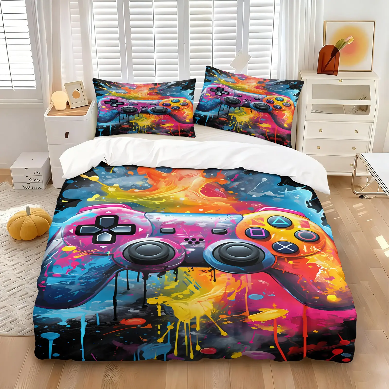 Vibrant Gamer Duvet Cover Set, Bold Graffiti-Style Game Controller Print with Splatter Paint Accents, Soft Microfiber Bedding for Teen Boys' Gaming Rooms & Playful Bedroom Decor, 1 Quilt Cover &1-2 Pillowcase