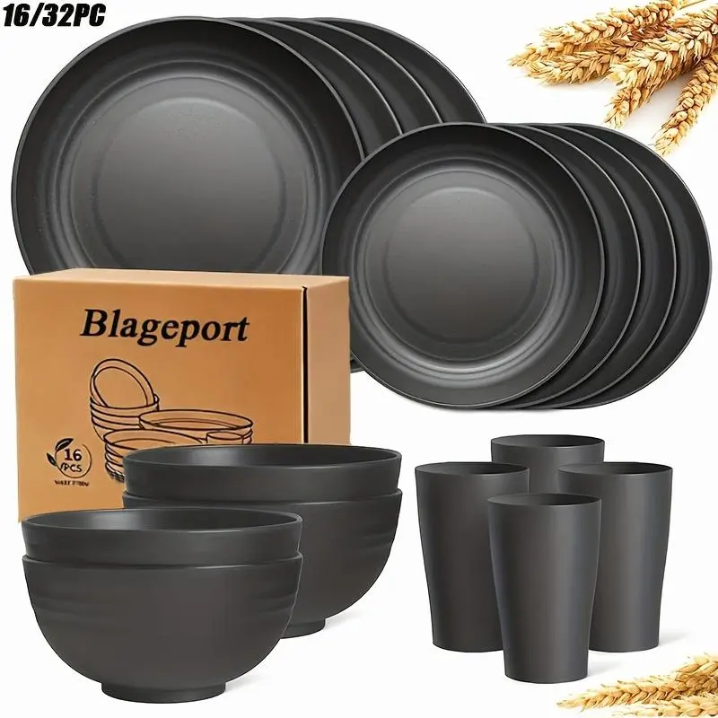 32/16PCS Wheat Straw Dinnerware Set for 8/4 People, Unbreakable Plates, Dessert Plates, Bowls & Cups, BPA Free, Lightweight, Microwave & Dishwasher Safe for Home, Camping & Picnic
