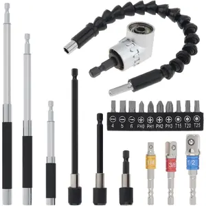 Flexible Drill Bit Extension Set – 3 Fixed + 3 Telescopic Magnetic Drill Bit Holders, 105 °   Right Angle Drill, 11.8" Bendable Drill Extension, 3pcs Socket Adapters, Screwdriver Bit Kit