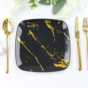 10-Pack Plastic Square Dessert Plates 8" Black with Gold Marble Design - Disposable Appetizer Salad Party Plates