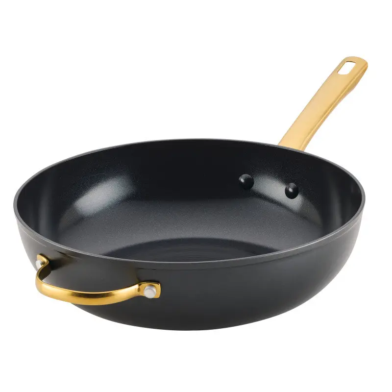 12.25-Inch Nonstick Frying Pan with Helper Handle - Induction Ready, Ceramic Nonstick Coating, Forged Aluminum Body, Steel Base, Black Exterior with Gold Accents, Kitchen Cookware