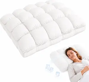 Cooling Sleep Pillow, Ice-Silk Touch Fluffy Cloud Pillow, Breathable Quilted Grid Design, Machine Washable (White)